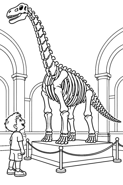 Dinosaurier Skelett im Museum als Malvorlage – Ausmalbild zum Ausdrucken