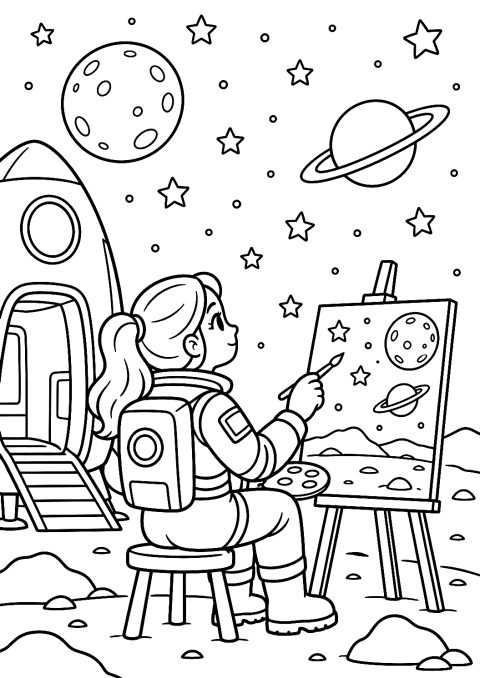 Astronautin malt ein Bild vom Sternenhimmel als Malvorlage – Ausmalbild zum Ausdrucken