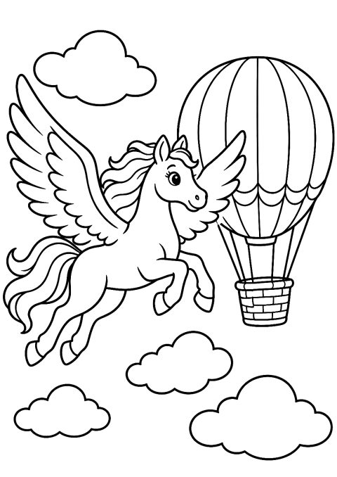 Pegasus fliegt neben einem Luftballon als Malvorlage – Ausmalbild zum Ausdrucken
