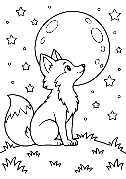 Fuchs sitzt auf einem Hügel unter dem Vollmond als Malvorlage – Ausmalbild zum Ausdrucken