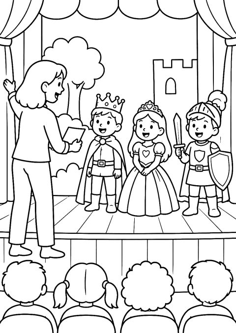 Lehrerin beim Theaterstück mit verkleideten Kindern als Malvorlage – Ausmalbild zum Ausdrucken