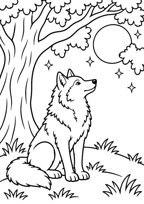 Wolf sitzt unter einem Baum im Mondlicht als Malvorlage – Ausmalbild zum Ausdrucken