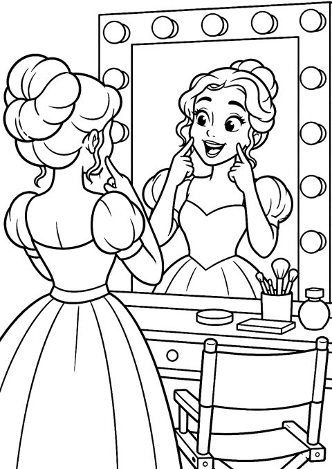 Página para colorear de una actriz ensayando frente al espejo del camerino – dibujo para colorear e imprimir