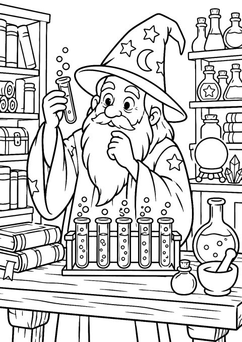 Pagina da colorare di un mago nel laboratorio con provette ribollenti – disegno da colorare da stampare