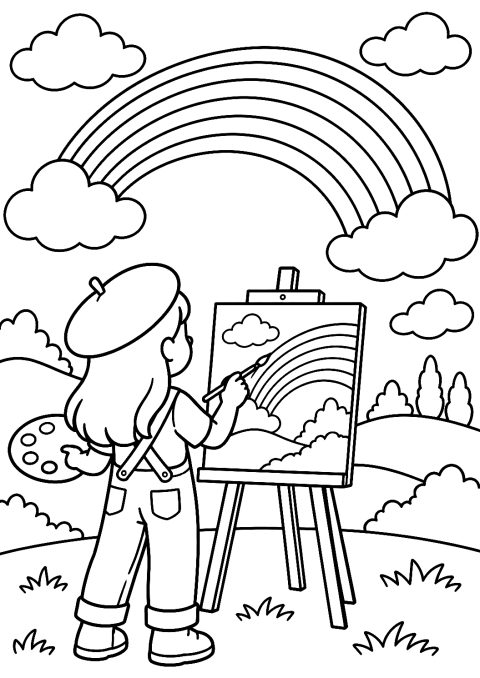 Künstler beim Malen eines Regenbogens nach dem Regen als Malvorlage – Ausmalbild zum Ausdrucken
