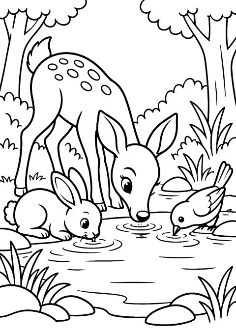 Forest Animals at the Watering Hole Coloring Page – printable coloring page