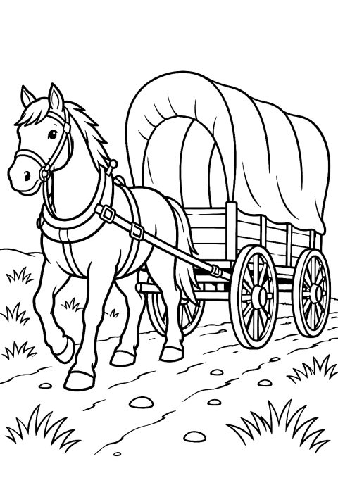 馬が幌馬車を引く ぬりえ – 印刷用ぬりえ