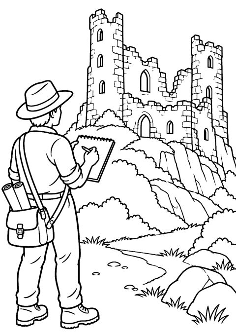 Architect Looking at a Castle Ruin Coloring Page – printable coloring page