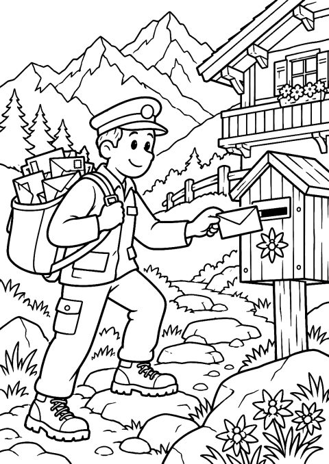 アルプホルン型の郵便箱を持つ山の郵便配達員のぬりえ – 印刷用ぬりえ