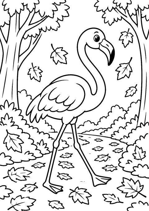 Flamingo Walking Through the Autumn Forest Coloring Page – printable coloring page