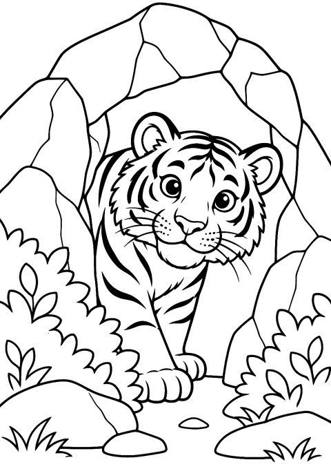 Tiger schaut aus einer Höhle als Malvorlage – Ausmalbild zum Ausdrucken