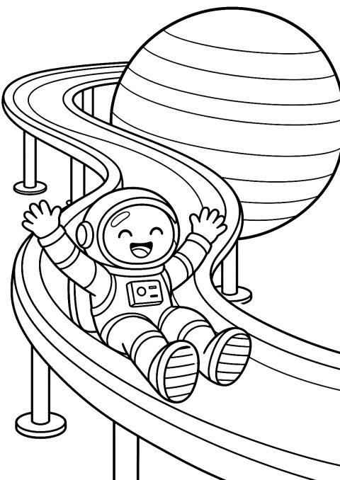 Astronaut rutscht eine Rutsche auf dem Saturn hinunter als Malvorlage – Ausmalbild zum Ausdrucken