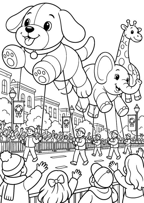 Thanksgiving-Parade mit Luftballonfiguren als Malvorlage – Ausmalbild zum Ausdrucken