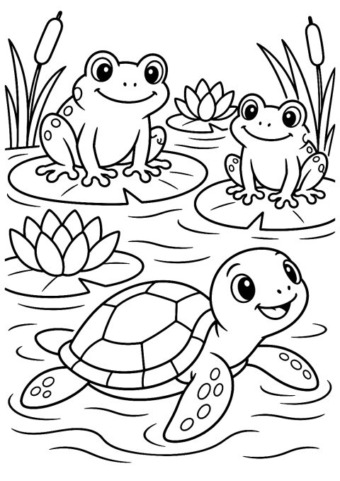 池のカエルと一緒にいるカメのぬりえ – 印刷用ぬりえ