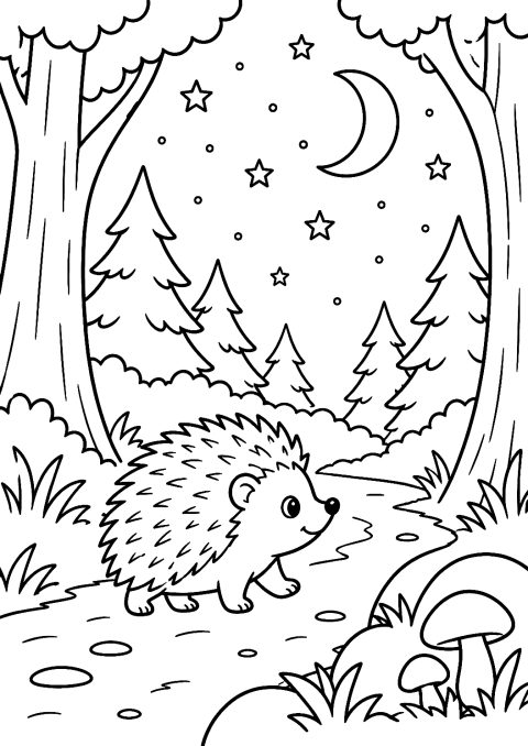 Igel wandert unter dem Sternenhimmel als Malvorlage – Ausmalbild zum Ausdrucken