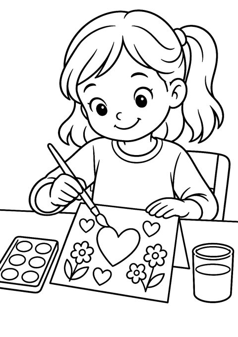 Kind malt eine Valentinskarte am Schreibtisch als Malvorlage – Ausmalbild zum Ausdrucken