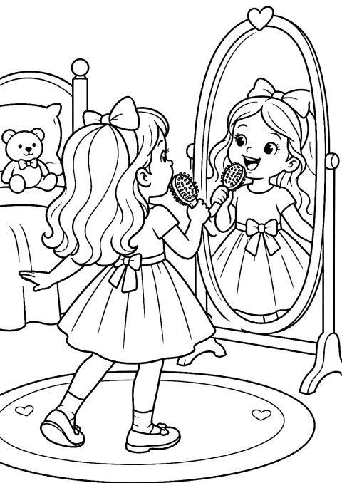 Cantora Frente ao Espelho no Quarto Infantil para Colorir – desenho para colorir para imprimir