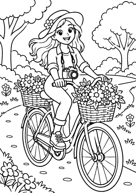 Photographer on a Bicycle with Camera Around Her Neck Coloring Page – printable coloring page