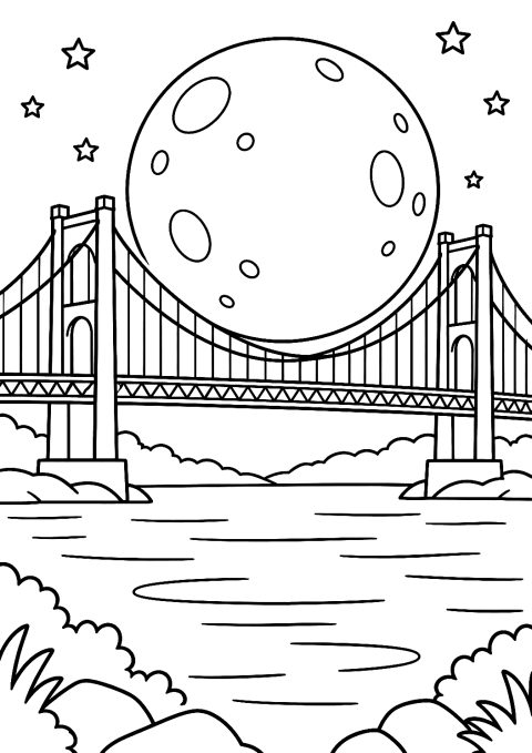 Lua sobre a ponte suspensa para colorir – desenho para colorir para imprimir