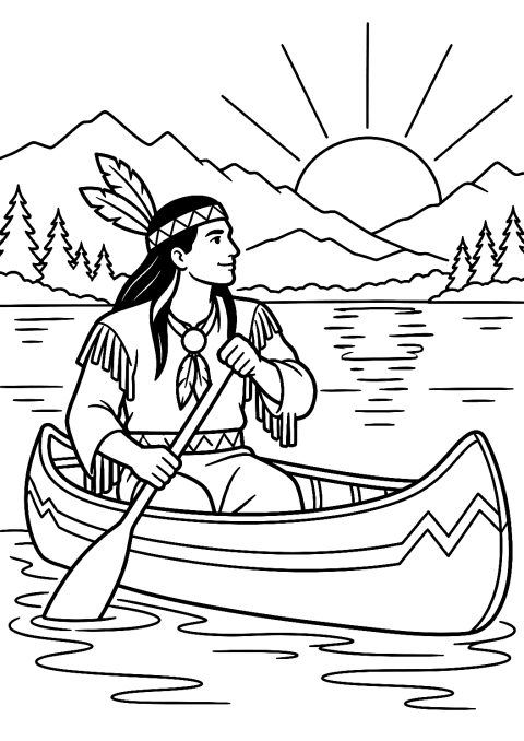 Indianer paddelt im Kanu bei Sonnenuntergang als Malvorlage – Ausmalbild zum Ausdrucken