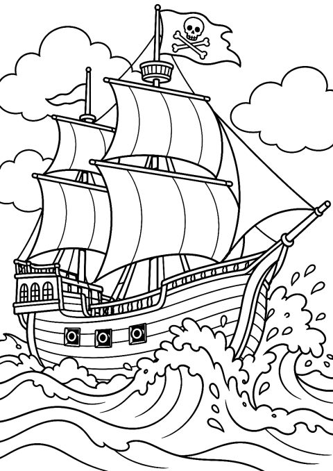 Piratenschiff segelt durch stürmische See als Malvorlage – Ausmalbild zum Ausdrucken