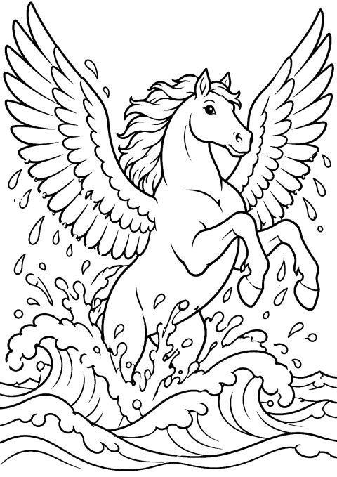 Pegasus steigt aus dem Meer empor als Malvorlage – Ausmalbild zum Ausdrucken