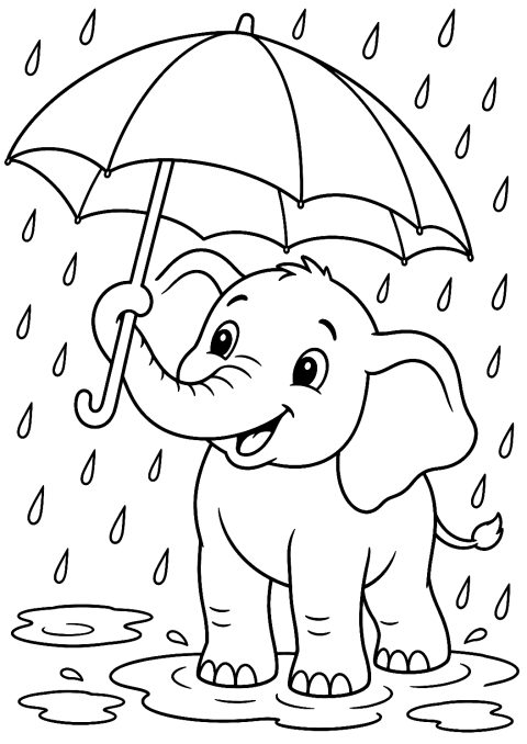 Elefant unterm Regenschirm im Regen als Malvorlage – Ausmalbild zum Ausdrucken