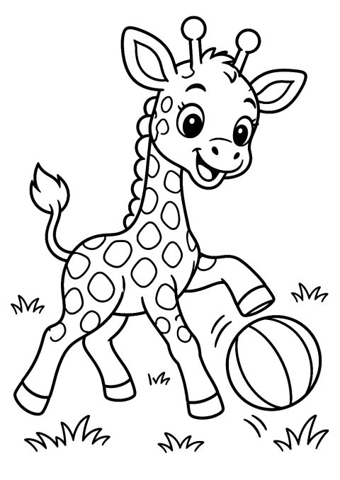 Giraffenkind spielt mit einem Ball als Malvorlage – Ausmalbild zum Ausdrucken