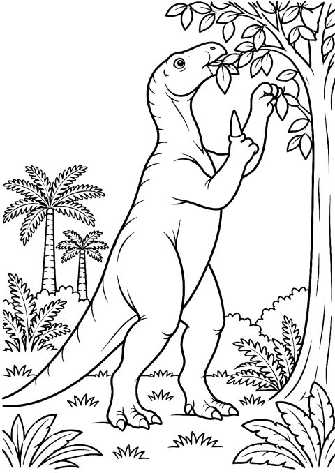Iguanodon beim Grasen als Malvorlage – Ausmalbild zum Ausdrucken