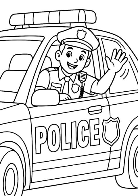 Polizistin beim Winken aus dem Streifenwagenfenster als Malvorlage – Ausmalbild zum Ausdrucken