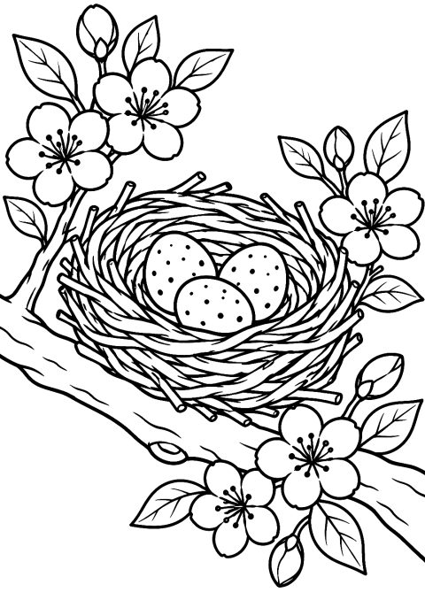 Ninho de pássaro com ovos na primavera para colorir – desenho para colorir para imprimir