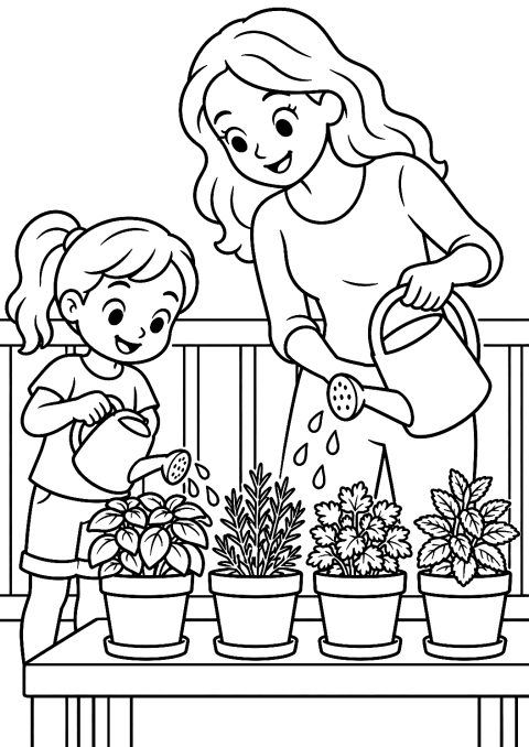 Mère et enfant arrosant des herbes sur le balcon à colorier – coloriage à imprimer